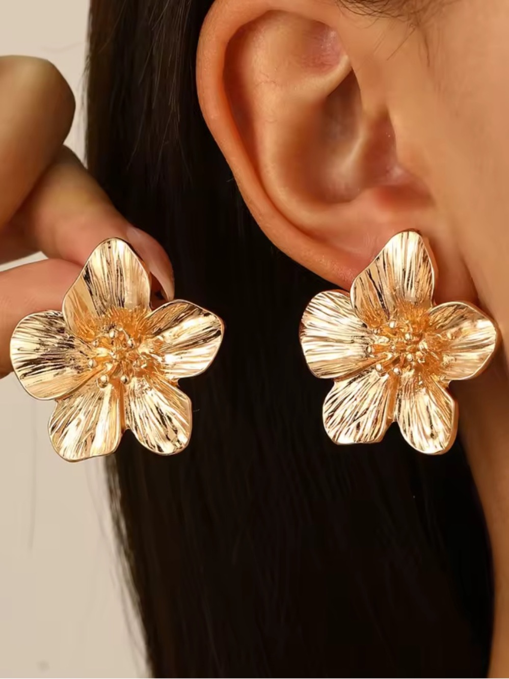 Anthropologie Gold Tone Floral Petal Stud Earrings